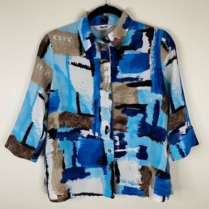 Alia Petites Women’s Button Up Collared 3/4 Sleeve Blue Brown Size 6P Shirt